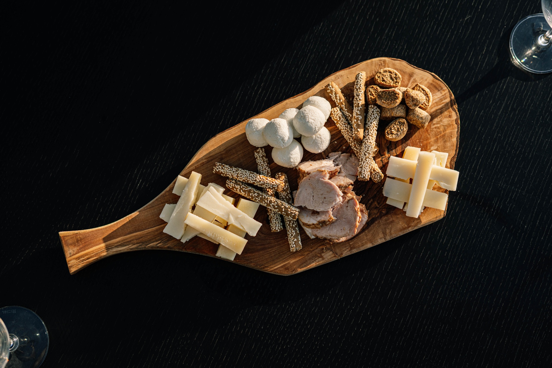 Overhead Cretan cheese, rusks and charcuterie pairing board